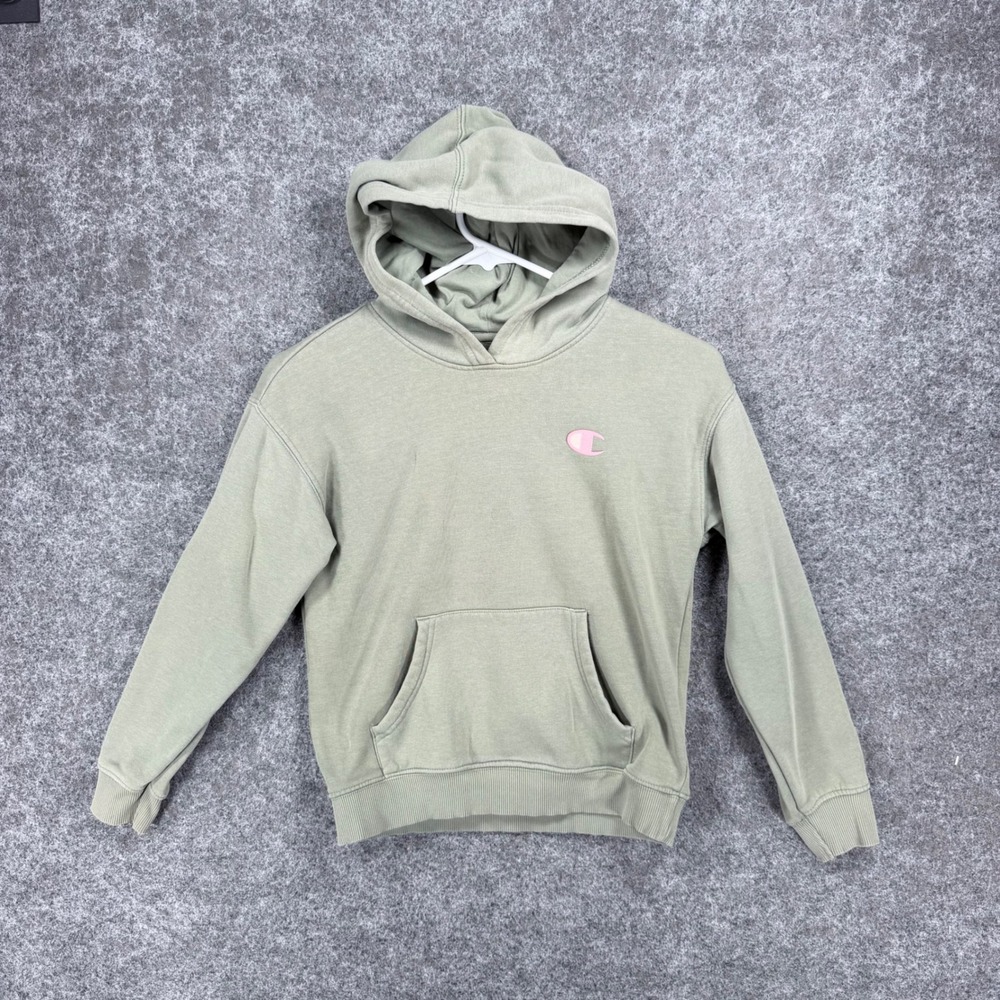 Champion Youth L 12 Pullover Hoodie Green Pink Logo Sweatshirt Kangaroo Pocket